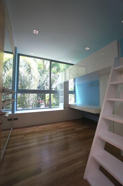 Paterson Residences, Space Atelier, , , Recessed Lights, Blue Wall, Wooden Flooring, Laminated Floor, White Ladder, Wall Mounted Desk, White Desk