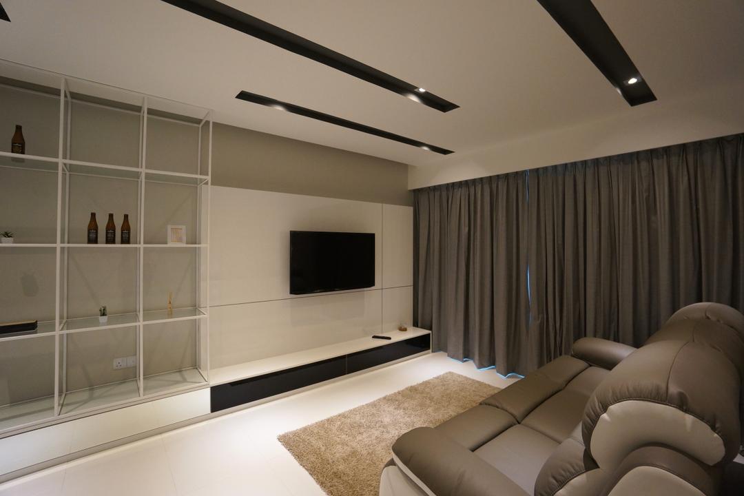 Senja Parc View, Space Atelier, Modern, Living Room, HDB, Carpet, Rug, Storage, Storage Unit, Cube Storage, Tv Console, White Feature Wall, Recessed Lighting