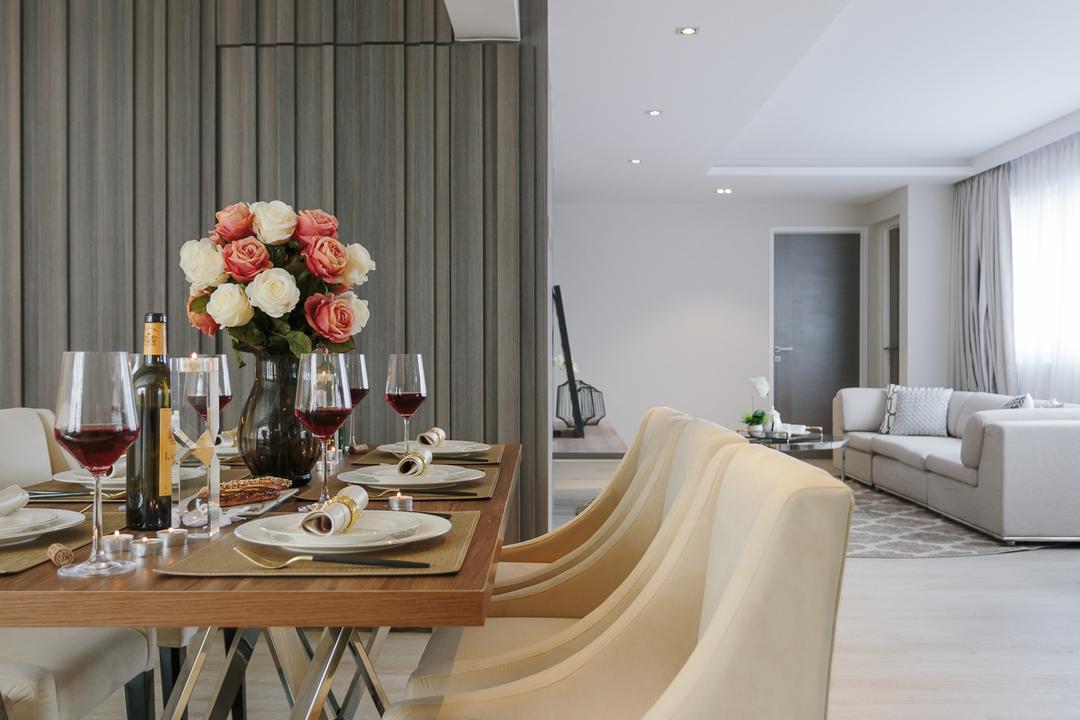 McNair Road, Mr Shopper Studio, Modern, Contemporary, Dining Room, HDB, Glass, Dining Table, Furniture, Table, Sink, Indoors, Interior Design, Room, Blossom, Flora, Flower, Flower Arrangement, Ornament, Plant, Dish, Food, Meal, Plate