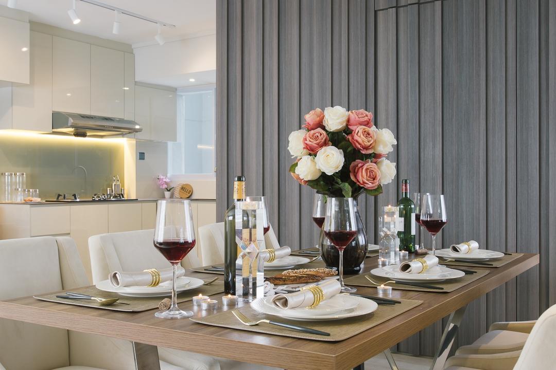McNair Road, Mr Shopper Studio, Modern, Contemporary, Dining Room, HDB, Indoors, Interior Design, Room, Dining Table, Furniture, Table, Blossom, Flora, Flower, Plant, Rose, Flower Arrangement, Flower Bouquet, Ornament, Dish, Food, Meal, Plate