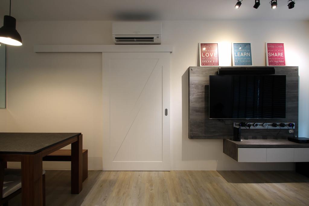 Scandinavian, HDB, Living Room, Punggol, Interior Designer, Fifth Avenue Interior, White Wooden Door, White Wooden Sliding Door, Wood Door, Tv Console, Floating Console, Grey And White Console, Photo Frame, Parquet Flooring, Parquet, Light Wood, Flooring, Dining Table, Furniture, Table, Chair