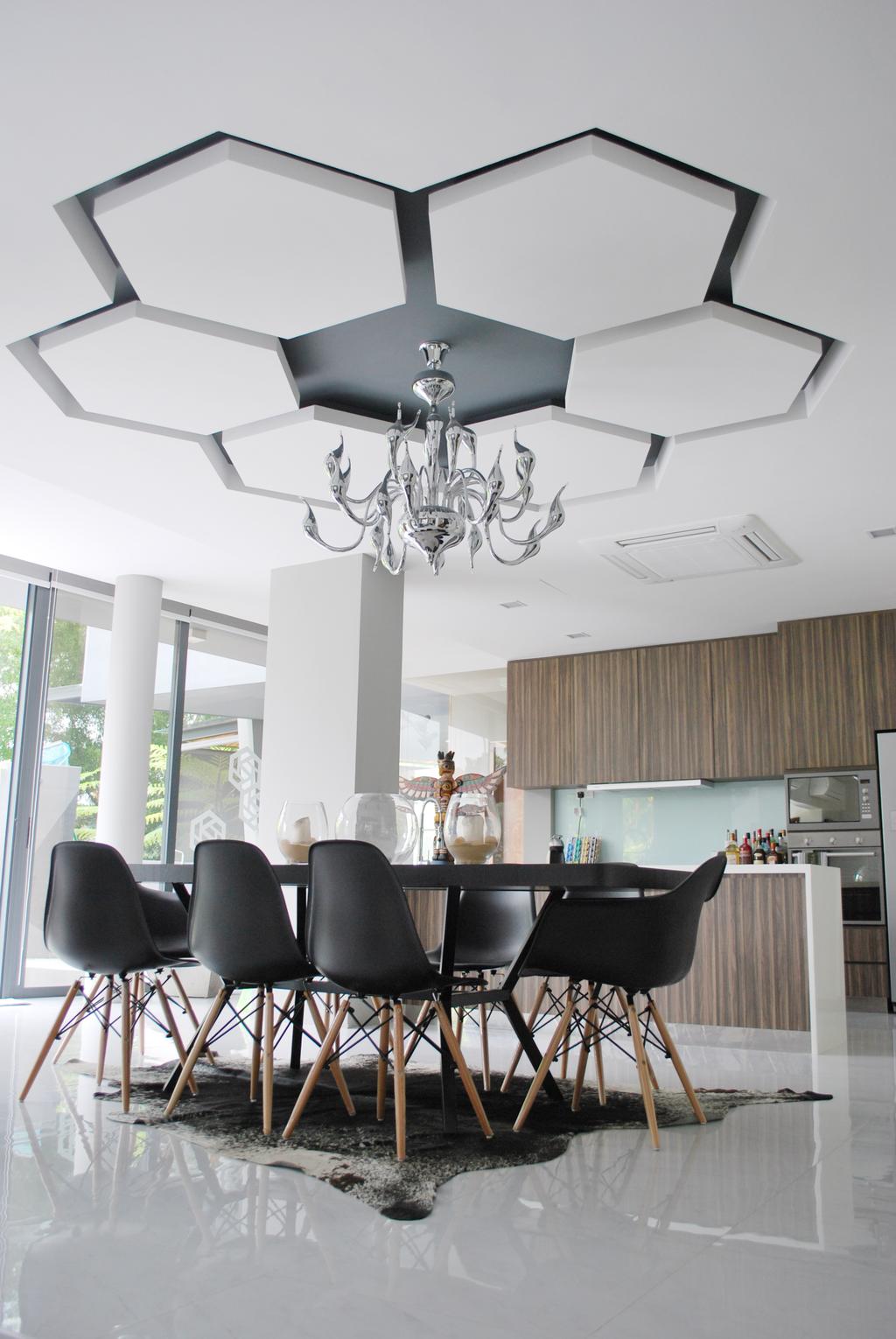 Contemporary, Landed, Dining Room, S House, Architect, Czarl Architects, Feature Ceiling, Wall Decor, Chandelier, Overhanging Light, Dining Chairs, Eames, Cowhide, Tiles, Cushion, Headrest, Home Decor, Indoors, Interior Design, Room, Chair, Furniture