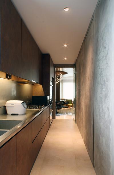 The Riverine, Czarl Architects, Contemporary, Kitchen, Condo, Kitchen Cabinetry, Dark Colours, Kitchen Countertop, Solid Surface, Tiles, Stove, Indoors, Interior Design, Appliance, Electrical Device, HDB, Building, Housing, Loft