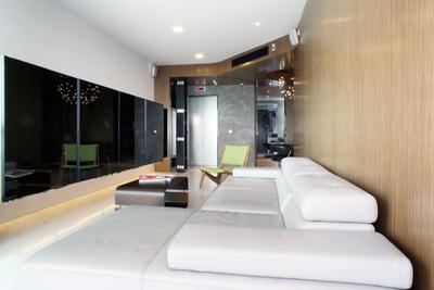 The Riverine, Czarl Architects, Contemporary, Living Room, Condo, Sofa, Rug, Brown Coffee Table, Wooden Panel, Divider, Room Divider, Lift, Main Entrance, Storage, Cove Lighting, Indoors, Lobby, Room, HDB, Building, Housing, Loft
