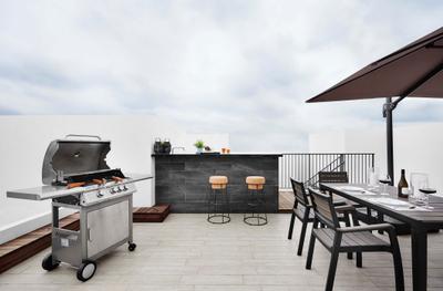 Waterbay, Notion of W, Contemporary, Balcony, Condo, Garden, Penthouse, Rooftop, Barbeque, Dining, Roof, Outdoor Dining, Dining Table, Furniture, Table, Chair, Appliance, Electrical Device, Oven