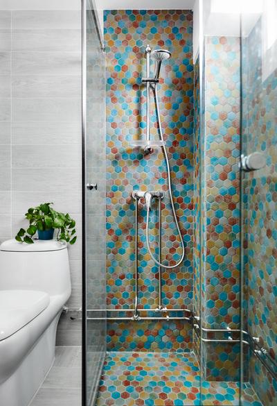 Woodlands, Notion of W, Eclectic, Bathroom, HDB, Mosaic Tiles, Hexagonal, Flora, Jar, Plant, Potted Plant, Pottery, Vase, Curtain, Home Decor, Shower Curtain