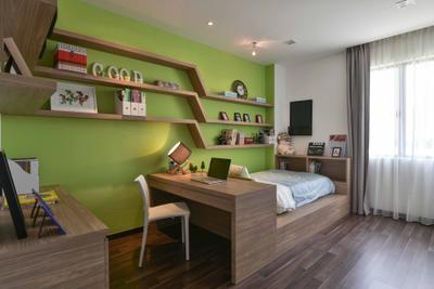 MKH Kajang East, Nice Style Refurbishment, Contemporary, Bedroom, Landed, Green, Wall Shelves, Laminate Flooring, Platform, Wood, Study Table, Chairs, Home Decor, Decorative Items, Table Lamps, Platform Bed, Bed, Furniture, Flooring