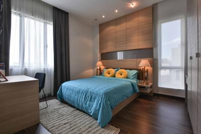 MKH Kajang East, Nice Style Refurbishment, Contemporary, Bedroom, Landed, Tv Feature Wall, Blue, Blue Bedsheet, Bedside Table, Bedside Lamp, Wood, Carpet, Feature Wall, Indoors, Interior Design, Room, Bed, Furniture