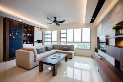 Clementi Avenue 4 (Block 312B), The Orange Cube, Contemporary, Scandinavian, Living Room, HDB, Mini Ceiling Fan, Chalkboard Wall, Tv Feature Wall, L Shaped Sofa, Bar Counter, Sliding Door, False Ceiling, Feature Wall, Indoors, Interior Design, Coffee Table, Furniture, Table
