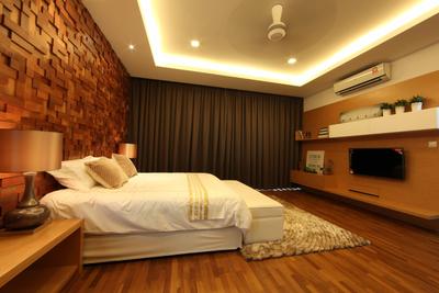Setia Eco Park, Setia Alam, Nice Style Refurbishment, Minimalist, Bedroom, Landed, False Ceiling, Cove Lighting, Tv Feature Wall, White Bed, Bedroom Bench, Bedside Table, Bedside Lamp, Carpet, Laminate Flooring, Wall Shelves, Wood, Brown, Home Decor, Decorative Items, Feature Wall, Appliance, Electrical Device, Microwave, Oven