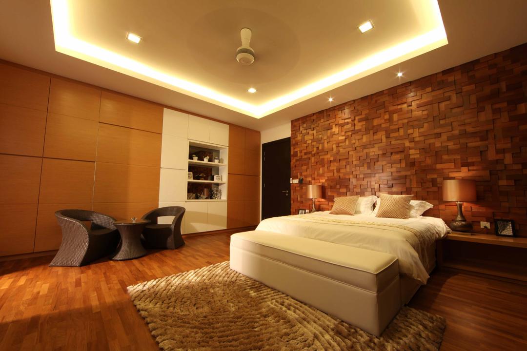 Setia Eco Park, Setia Alam, Nice Style Refurbishment, Minimalist, Bedroom, Landed, False Ceiling, Cove Lighting, Tv Feature Wall, Outdoor Chairs, Balcony Furniture, White Bed, Bedroom Bench, Carpet, Laminate Flooring, Brown, Recessed Shelf, Wood, Bedside Tables, Bedside Lamp, Feature Wall, Lighting, Indoors, Interior Design, Room, Bed, Furniture
