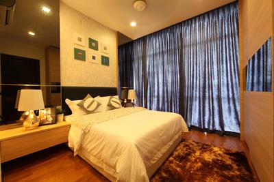 Setia Eco Park, Setia Alam, Nice Style Refurbishment, Minimalist, Bedroom, Landed, Tv Feature Wall, Carpet, Bedside Table, Bedside Lamp, Wall Art, Wall Painting, Wallpaper, Wood, Dark Curtains, Feature Wall, Bed, Furniture, Indoors, Room, Lamp, Lighting, Interior Design