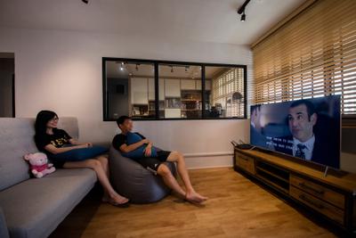Serangoon Avenue 3, Aart Boxx Interior, Scandinavian, Industrial, Living Room, HDB, Half Wall, Blinds, Human, People, Person, Electronics, Monitor, Screen, Tv, Television, Couch, Furniture, Bench