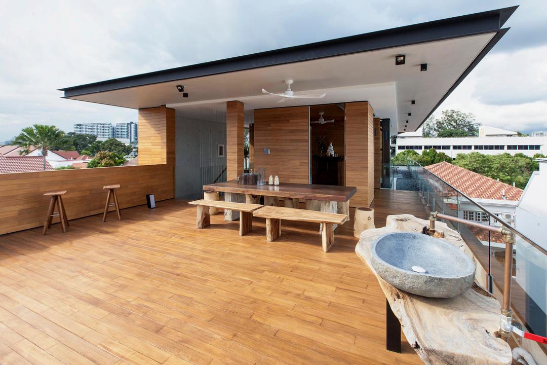 Branksome Road, Aamer Architects, Transitional, Balcony, Landed, Wooden Deck, Timber Deck, Rustic, Open Air, Balinese, Indonesian Theme, Villa, Resort, Bali Resort, Roof, Bench, Hardwood, Wood, Deck, Porch, Dining Table, Furniture, Table, Patio, Door, Sliding Door
