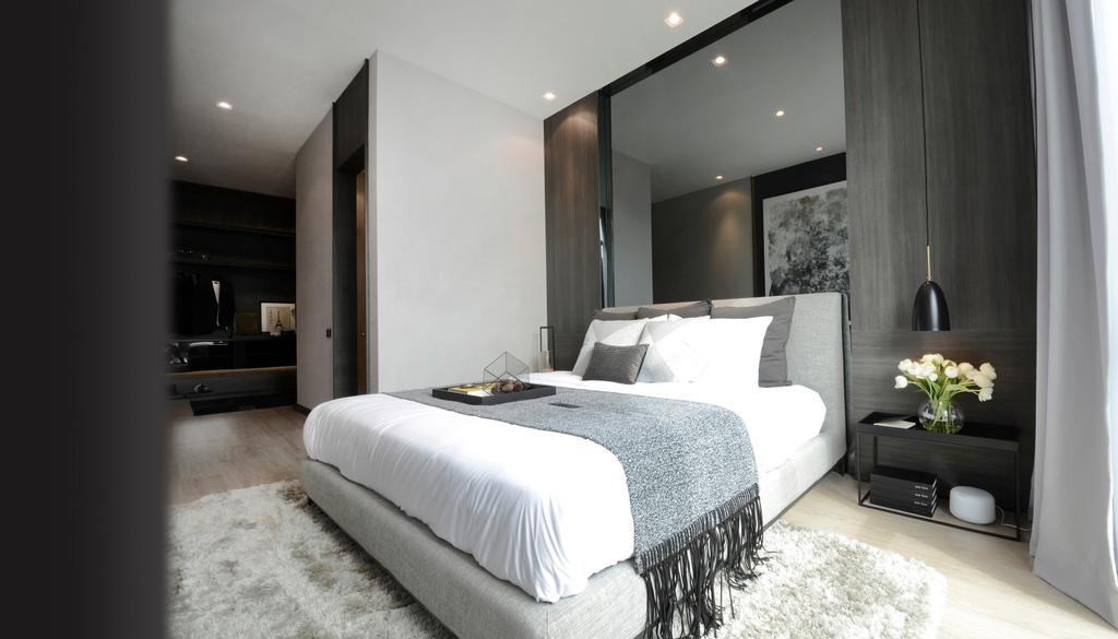 Contemporary, Condo, Bedroom, Green Haven Show Suite B, Malaysia, Architect, 0932 Design Consultants, Spotlight, Recessed Lighting, Bedside Table, Bedside Lamp, Bed, Duvet, Bed Runner, Mirror, Grey, Gray, Rug, Carpet, Cosy, Cozy, Monochrome, Flower, Indoors, Interior Design, Room