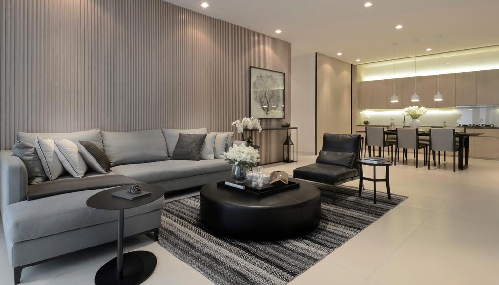Modern, Condo, Living Room, Green Haven Show Suite C, Malaysia, Architect, 0932 Design Consultants, Rug, Neutrals, Hotel, Showroom, Suite, Luxury, Ambient Lighting, Spotlight, Cove Lighting, Grey Sofa, Gray, Coffee Table, Sofa, Cosy, Cozy, Flower, Couch, Furniture, Indoors, Interior Design