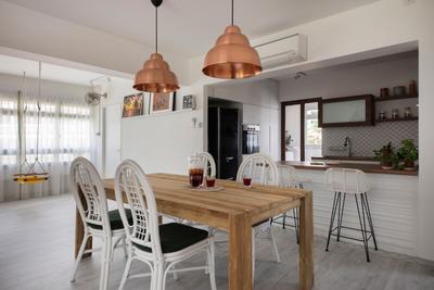 Pasir Ris Street 21, Free Space Intent, Eclectic, Dining Room, HDB, Resort, Rustic, Beach Resort, Chair, Furniture, Indoors, Interior Design, Room, Bar Stool, Light Fixture, Dining Table, Table, Lamp, Lampshade