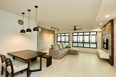 Senja, Space Atelier, Minimalist, Living Room, HDB, Pendant Lamp, Tiles, False Ceiling, Spotlight, Dining Table, Tv Feature Wall, Tv Console, Bright, Airy, Expansive, Spacious, Open Layout, White And Brown, Neutral Theme, Simple, Fuss Free, Sofa, Black Track Lights, Mini Ceiling Fan, Feature Wall