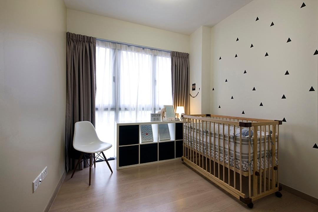 RiverParc Residence (Punggol), Fuse Concept, Modern, Bedroom, Condo, Kids Room, Kids Room, Baby Cot, Wallpaper, Curtains, Bookcase, Display Case, Cubbyhole, Storage, Chair, Furniture, Crib
