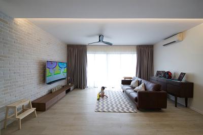 RiverParc Residence (Punggol), Fuse Concept, Modern, Living Room, Condo, Mid Century Modern, Sofa, Brown Leather Sofa, Carpet, Mini Ceiling Fan, Red Brick Wall, Tv Console, Ladder, Curtains, Wood Flooring, Couch, Furniture, Flooring, HDB, Building, Housing, Indoors, Loft