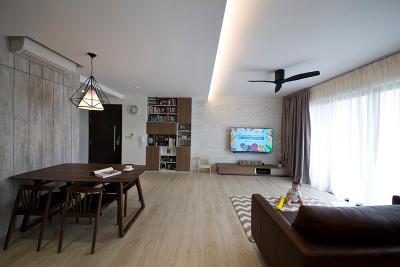 RiverParc Residence (Punggol), Fuse Concept, Modern, Living Room, Condo, Hallway, Cove Lighting, False Ceiling, Dining Table, Sofa, Ceiling, Bookcase, Carpet, Furniture, Table, Bench, Indoors, Room, Chair