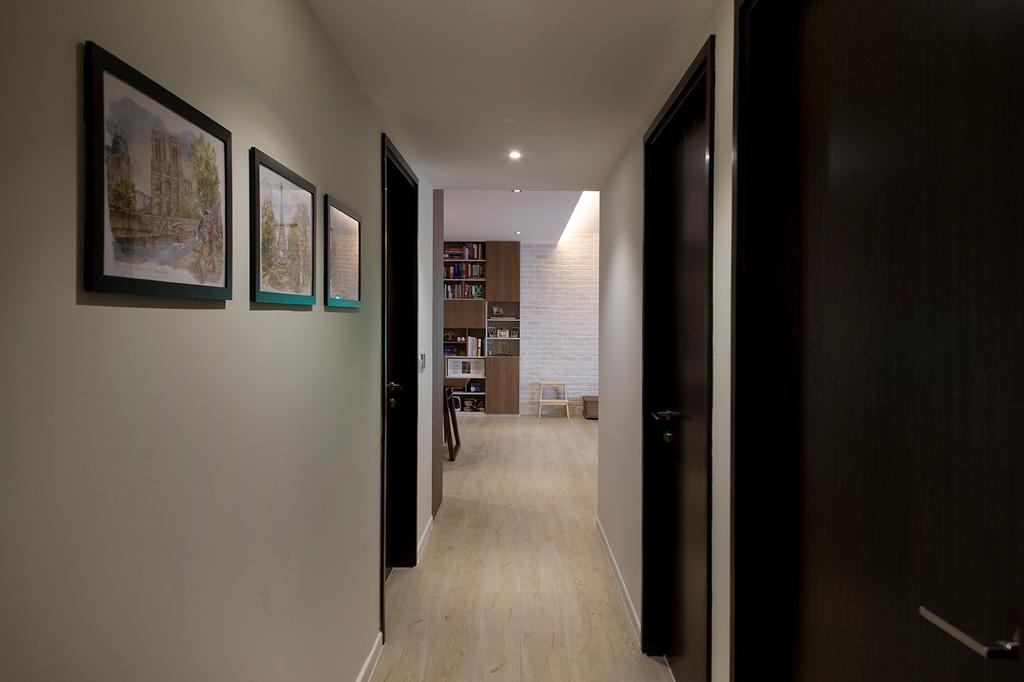 Modern, Condo, RiverParc Residence (Punggol), Interior Designer, Fuse Concept, Hallway, Corridor, Lightings, Art Frame, Wall Art, Flooring, Art