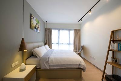 RiverParc Residence (Punggol), Fuse Concept, Modern, Bedroom, Condo, Bookcase, Display Case, Wall Art, Hanging Lamps, Track Lightings, Armchair, Bed, Cosy, Soft, Neutrals, Side Table, Warm Glow, Shelf, Indoors, Interior Design, Room, Furniture