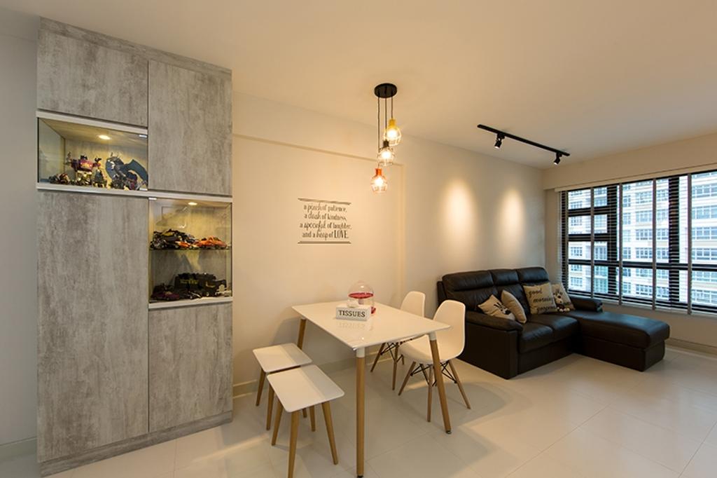 Scandinavian, HDB, Dining Room, Yishun Street 31 (Block 336A), Interior Designer, Thom Signature Design, Hanging Lights, Neutral Colours, White Kitchen Cabinets, Bench, Simple, Eames Chair, Tile, Basic, Laminates, Grey, Wall Decal, Wall Quote