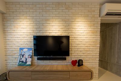 Yishun Street 31 (Block 336A), Thom Signature Design, Scandinavian, Living Room, HDB, Red Brick Wall, Cream Brick, Tv Feature Wall, Tv Console, Wooden Console, Television, Feature Wall