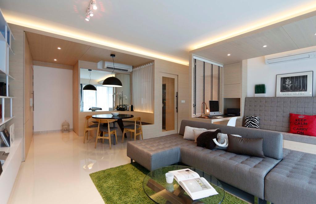 Contemporary, Condo, Living Room, Esparina Residences, Architect, EHKA Studio, Common Spaces, Entrance, Lighting, False Ceiling, Tiles, Reflective Sheen, Cove Lighting, Sky Light, Rug, Walkway, Tile, Brown Coffee Table, Sofa, Concealed Lighting, Grey, Couch, Furniture, Dining Table, Table, Indoors, Interior Design, Flooring, Room