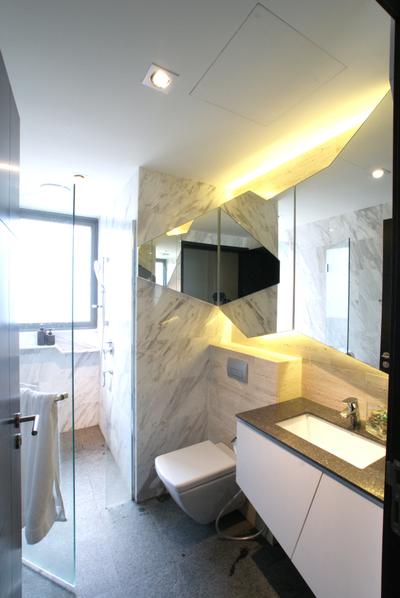 Arc @ Tampines, Metamorph Design, Modern, Bathroom, Condo, Bathroom Tiles, Marble, Bathroom Sink, Recessed Sink, Bathroom Cabinet, Mirrors, Cove Lighting