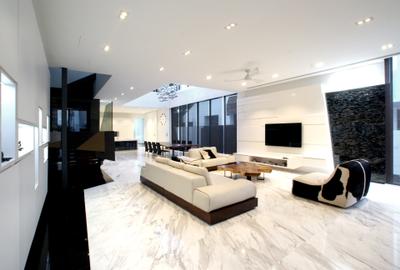 9 Springleaf, Metamorph Design, Modern, Living Room, Landed, Recessed Lights, White Marble Floor, Tv Feature Wall, White Sofa, Sofa, Couch, White, Clean, Cowhide, Cowhide Furniture, Feature Wall, HDB, Building, Housing, Indoors, Loft, Interior Design, Furniture