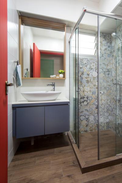 Ang Mo Kio, Prozfile Design, Scandinavian, Bathroom, HDB, Patterned Tiles, Tiles, Wood In Bathroom, Wood, Indoors, Interior Design, Room