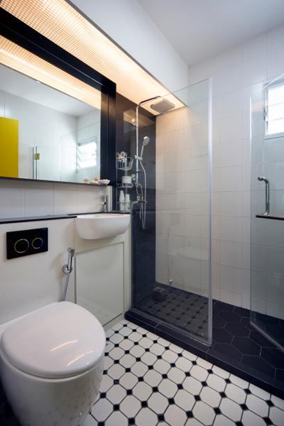 Ang Mo Kio, Prozfile Design, Scandinavian, Bathroom, HDB, Colonial, Old School, Honeycomb Tiles, Tiles, Mirror, Glass Door, Shower Screen, Glass Screen, Monochrome, Black And White, Grid Tile, Square Tile, Patterns, Patterned Tiles, Indoors, Interior Design, Room