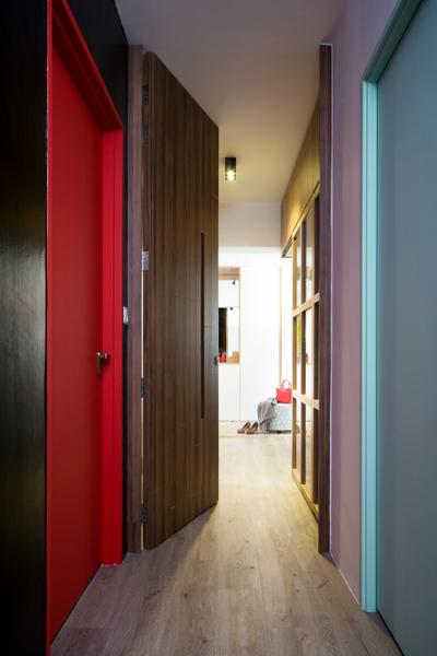 Ang Mo Kio, Prozfile Design, Scandinavian, HDB, Hallway, Corridor, Walkway, Bedroom Doors, Coloured Doors