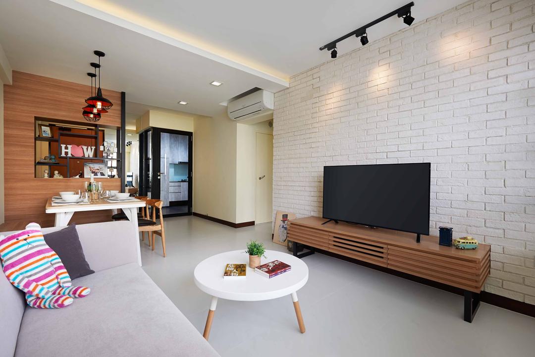Punggol Field, Posh Living Interior Design, Scandinavian, Living Room, HDB, Brick Wall, False Ceiling, Wooden Divider, Round Table, Tv Console, Coffee Table, Furniture, Table, Indoors, Room, Dining Table