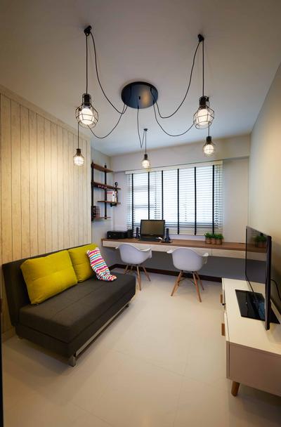 Punggol Field, Posh Living Interior Design, Scandinavian, Study, HDB, Industrial Lighting, Sofabed, Dsw Chair, Tv Console, Couch, Furniture, Chair, Indoors, Interior Design