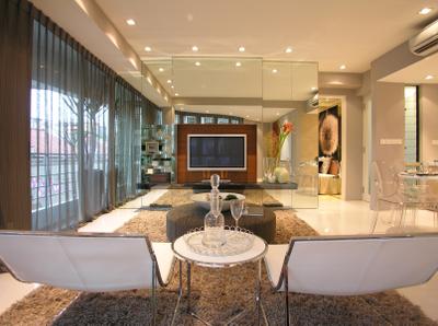 Emily Residence Show-unit 1, Wallflower Architecture + Design, Transitional, Living Room, Commercial, Mirror, Lounge Chair, Rug, Carpet, Tile, Showroom, Suite, Hotel, Luxurious, Elegant, Opulent, Luxe, Tv Console, Curtains, Electronics, Entertainment Center, Indoors, Interior Design, Room