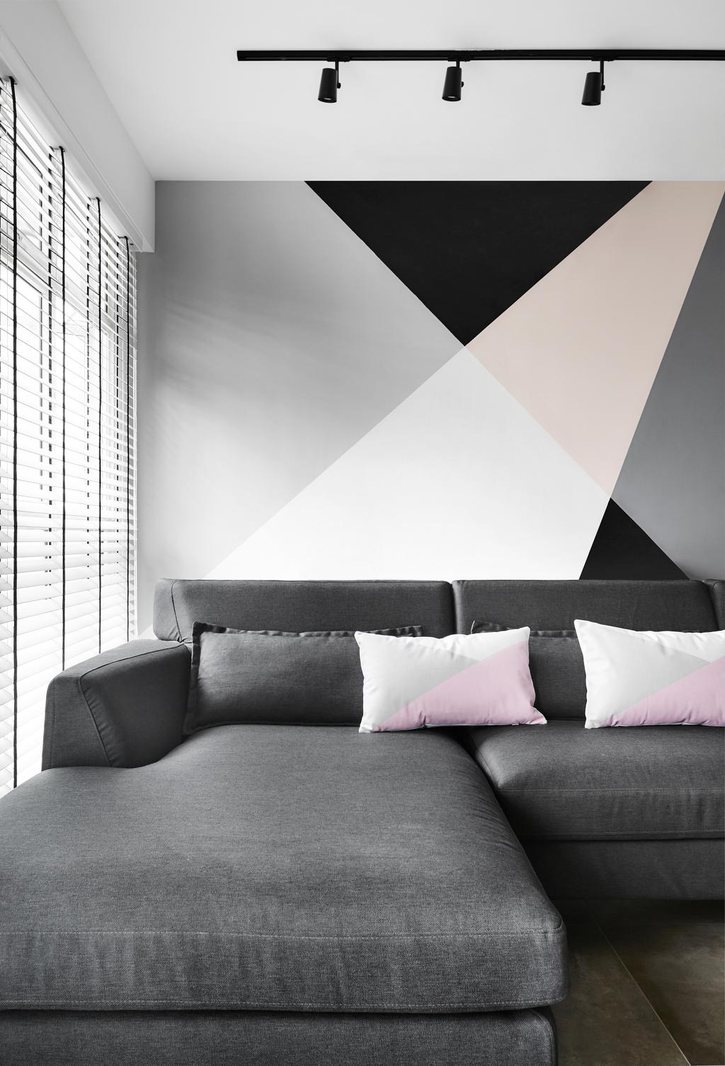 Contemporary, HDB, Living Room, Compassvale Drive, Interior Designer, Third Avenue Studio, Airy, Tv Feature Wall, Pastel, Geometric, Geometry, Baby Pink, Monochrome, Feature Wall