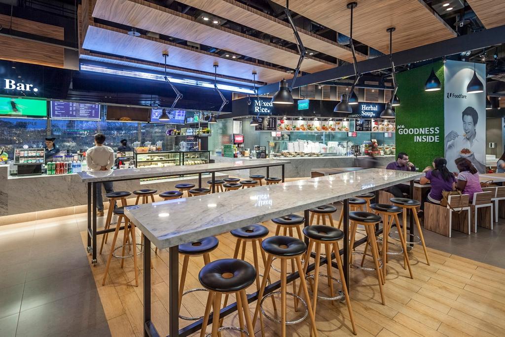 Foodfare MBFC, Commercial, Architect, Wallflower Architecture + Design, Industrial, Human, People, Person, Restaurant, Food, Food Court, Cafe, Bar Counter, Pub, Classroom, Indoors, Room, Dining Table, Furniture, Table, Chair