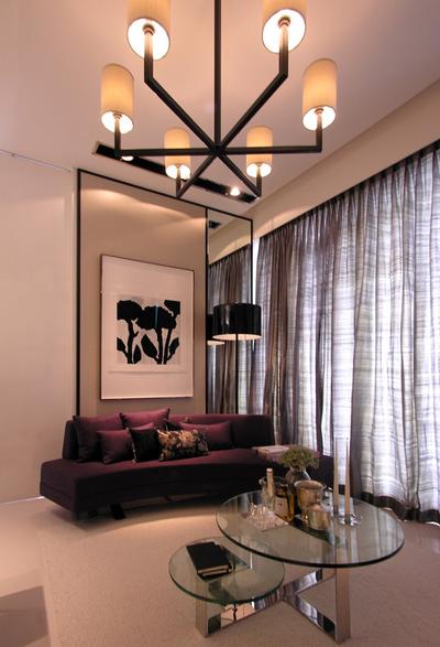 Scotts Square Show-unit 2, Wallflower Architecture + Design, Modern, Living Room, Commercial, Painting, Curtains, Wall Art, Floor Lamp, Glass Table Top, Brown Coffee Table, Hanging Light, Quirky Light, Couch, Furniture