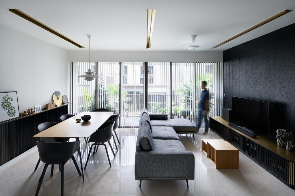 Contemporary, HDB, Living Room, Archipelago, Architect, asolidplan, Monochrome, Bright, Airy, Pencil Legs, Dark Colours, Couch, Furniture, Dining Table, Table, Chair, Indoors, Room