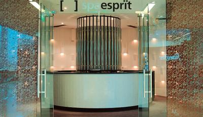 Spa Esprit, Wallflower Architecture + Design, Eclectic, Commercial, Entrance, Front Door, Counter, Mosaic Tiles