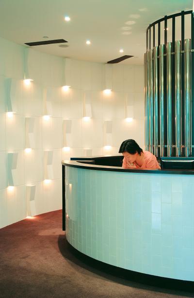Spa Esprit, Wallflower Architecture + Design, Eclectic, Commercial, Reception, Counter, Entrance, Wall Feature, Lighting, Wall Light, Carpet, Human, People, Person, Furniture