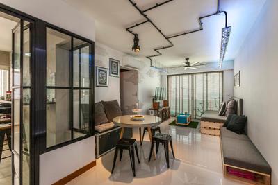 Punggol, The Interior Lab, , Living Room, , Raw, Grey, Grey Tones, Black Track Lights, Track Lighting, Wooden Couch, Bench, White Brick, Tables, Chairs, Stools, Wall Art, Wall Decor, Wall Painting, Dining Table, Furniture, Table, Dining Room, Indoors, Interior Design, Room, Chair