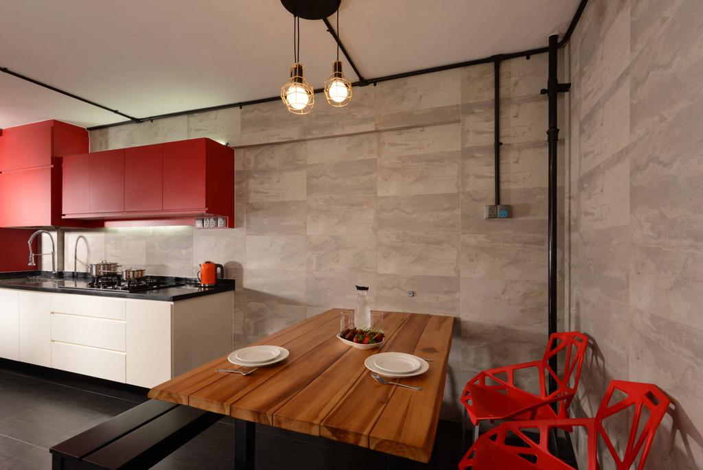Industrial, HDB, Dining Room, Pandan Gardens (Block 409), Interior Designer, G'Plan Design, Tiles, Exposed Bulb, Black Pipe, Red Chair, Red Cabinet, Wooden Table, Raw, Edgy