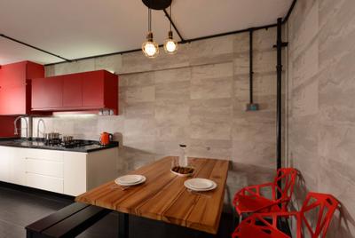 Pandan Gardens (Block 409), G'Plan Design, Industrial, Dining Room, HDB, Tiles, Exposed Bulb, Black Pipe, Red Chair, Red Cabinet, Wooden Table, Raw, Edgy