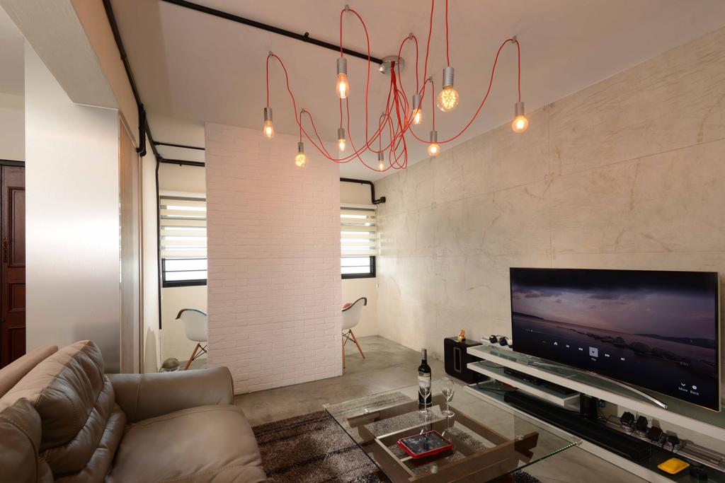 Industrial, HDB, Living Room, Pandan Gardens (Block 409), Interior Designer, G'Plan Design, Screed, Edgy, Classroom, Hanging Lights, Hanging Bulb, Raw, Cement Screed Wall, Television Console, Sofa, Black Pipe, Old School, Grey