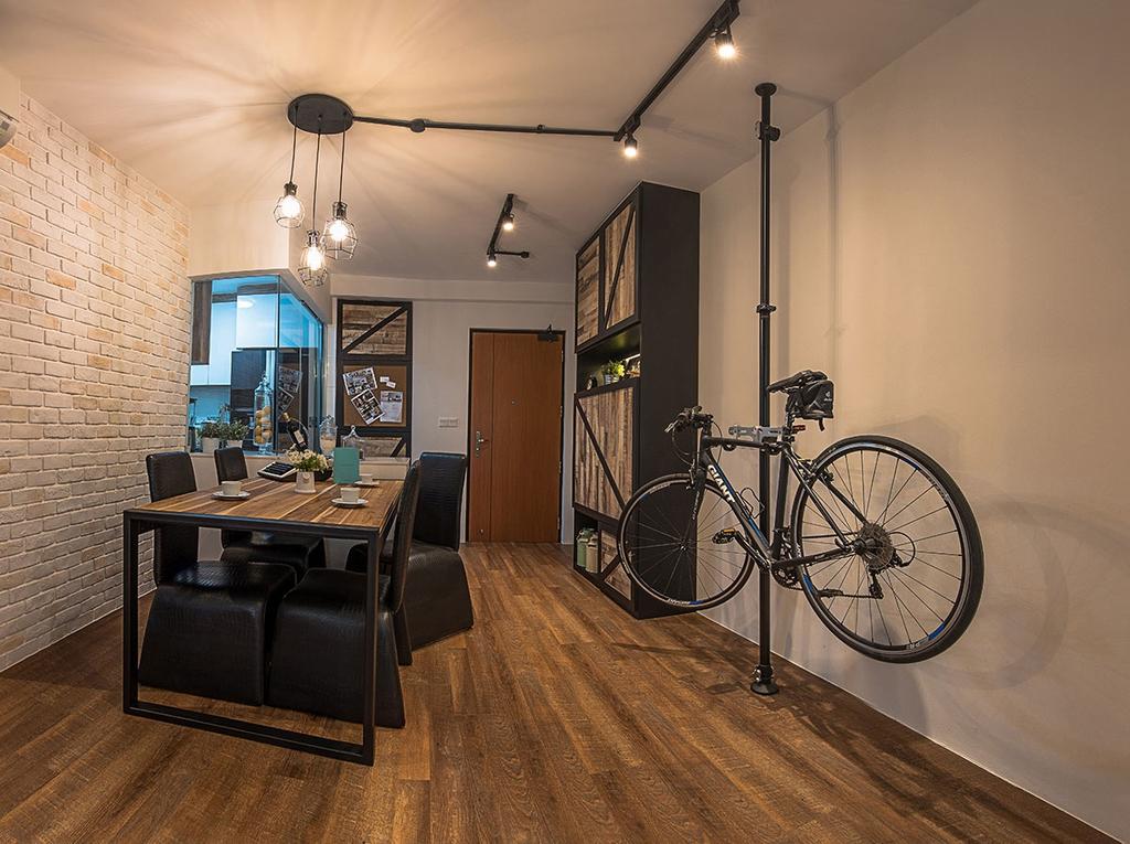 Industrial, HDB, Dining Room, Yishun Avenue 9 (Block 318C), Interior Designer, Icon Interior Design, Dining Table, Furniture, Table, Bicycle, Bike, Transportation, Vehicle, Chair, Couch, Building, Housing, Indoors, Interior Design, Room