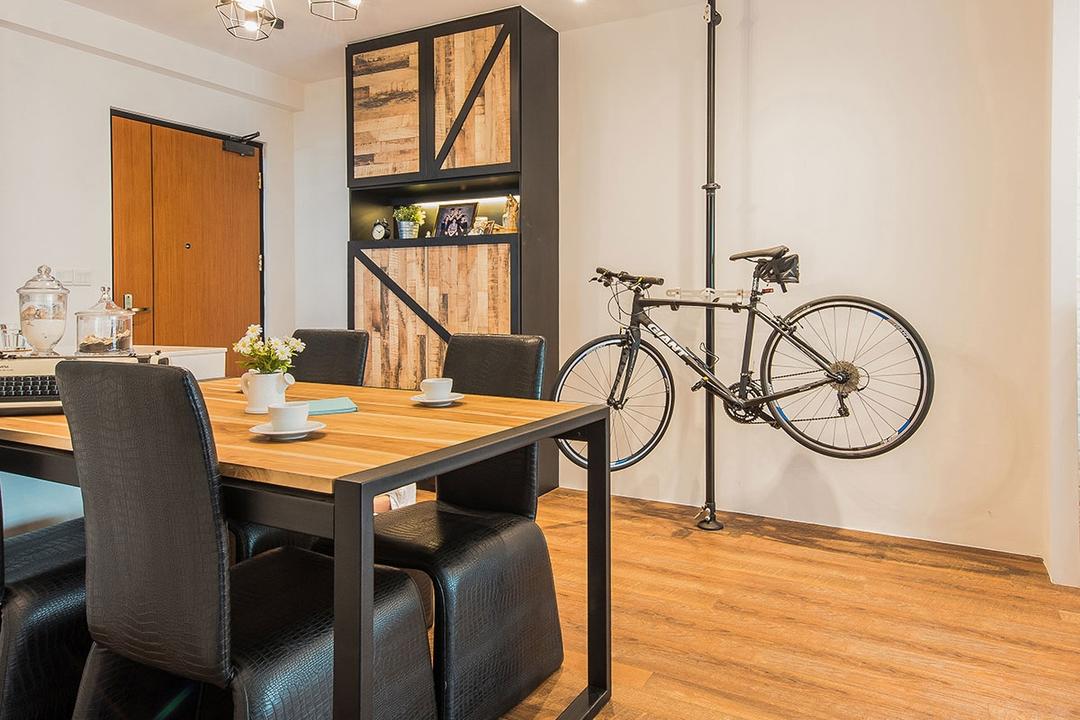 Yishun Avenue 9 (Block 318C), Icon Interior Design, Industrial, Dining Room, HDB, Chair, Furniture, Bicycle, Bike, Transportation, Vehicle, Dining Table, Table, Indoors, Interior Design, Room, Mountain Bike